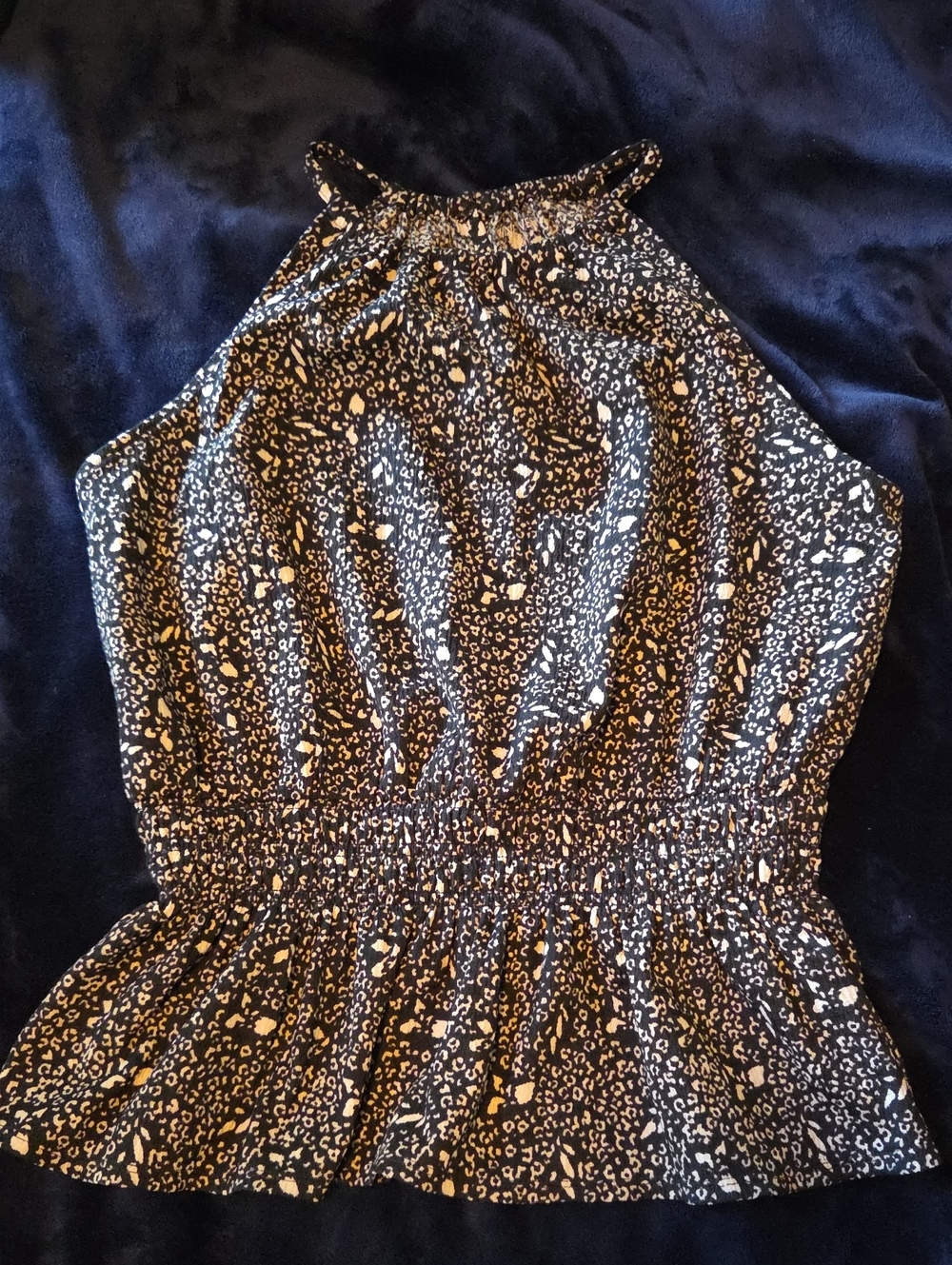 Nine West Women's Smocked Peplum Top in Black and Cream Leopard Print - Size MED